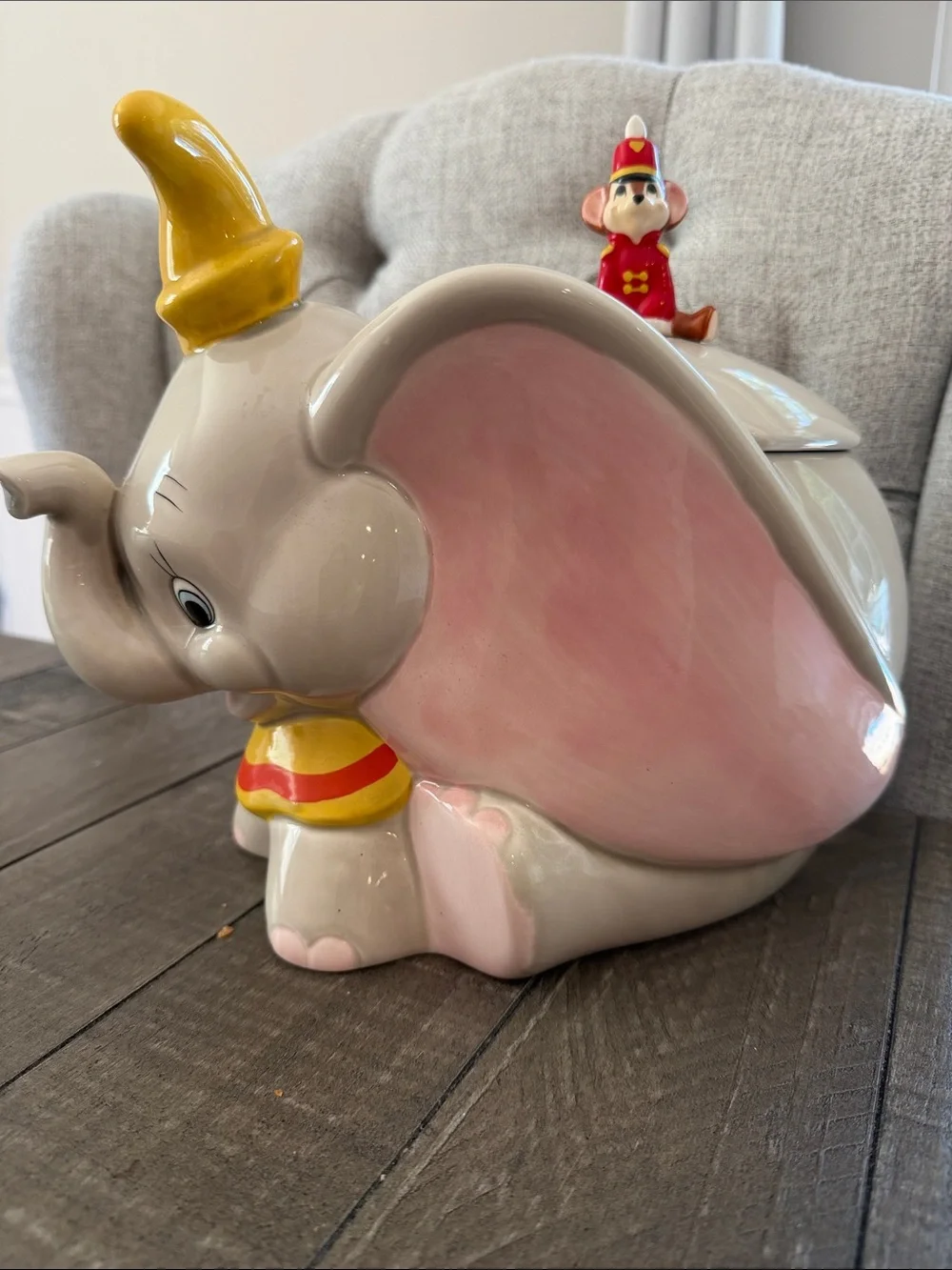 Vintage 1992 Disney Dumbo cookie jar featuring Timothy Mouse on the lid